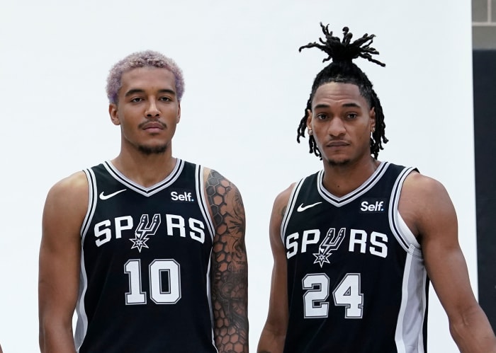 Jeremy Sochan (10) and Devin Vassell (24) during media day for the San Antonio Spurs.